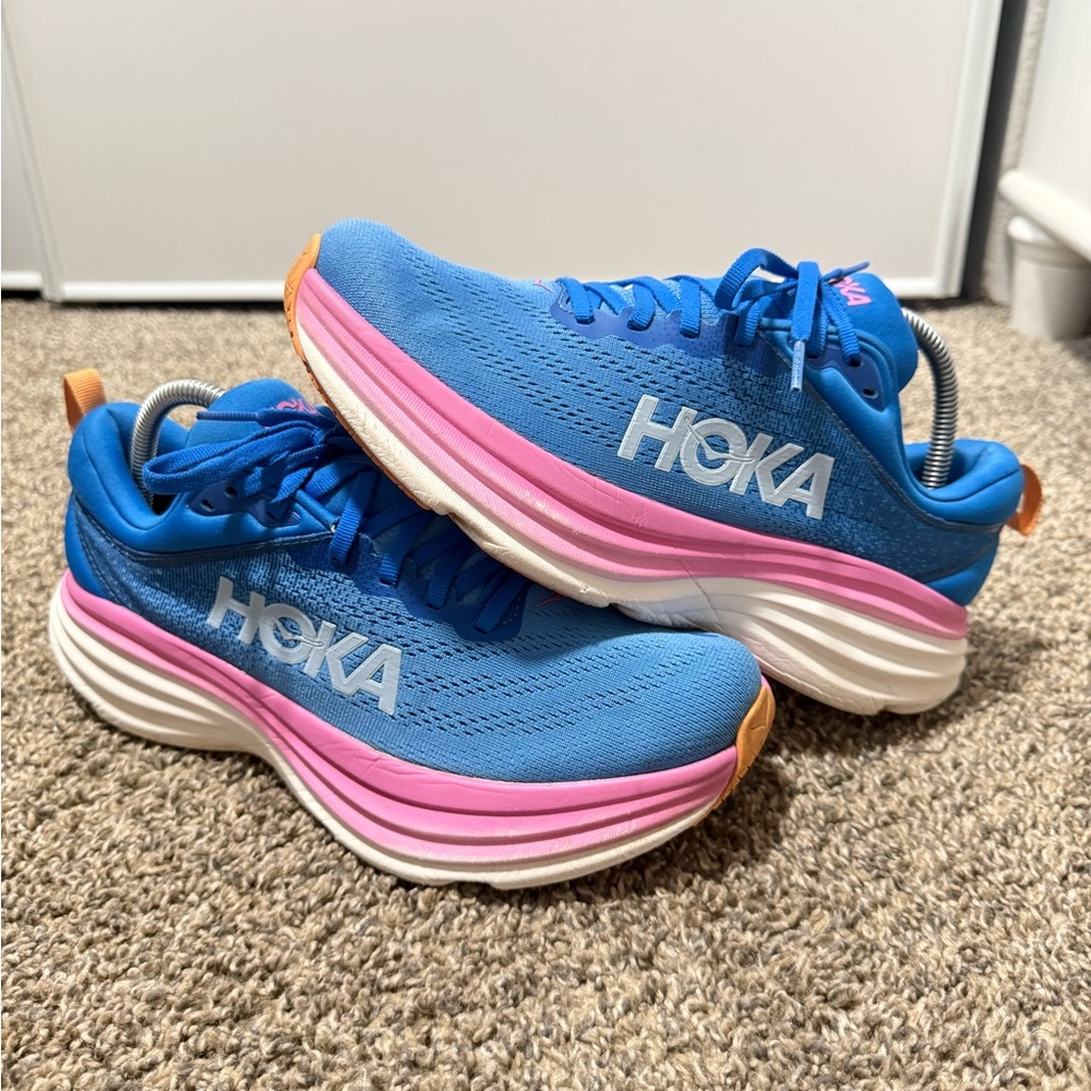 HOKA bondi 8 Women's Blue Running Shoes with Pink Accent - Picture 2 of 10
